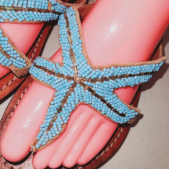 MYSTIQUE Sz 9 Teal Beaded Starfish Beach Resort Kuwai Leather Handmade Sandals - Picture 4 of 14